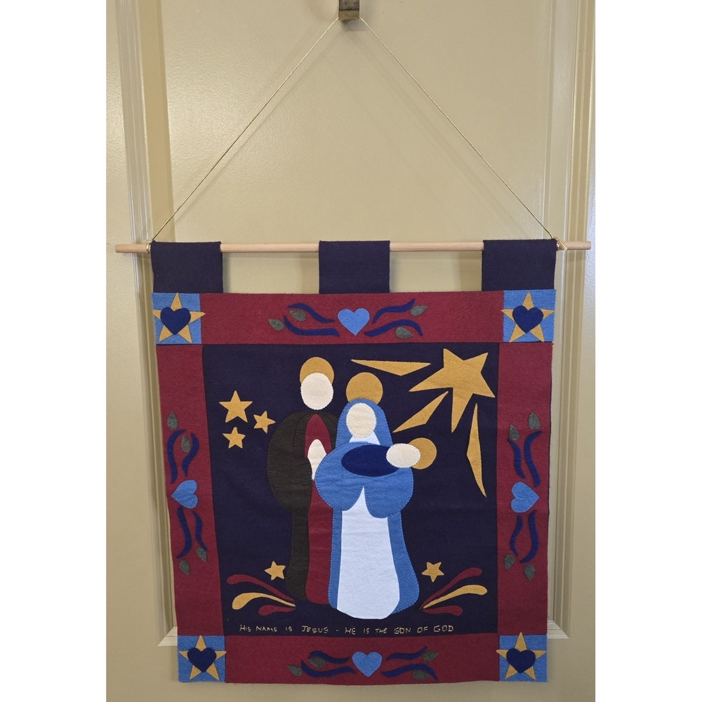 Vtg Handmade Felt Nativity Wall Hanging Banner Excellent Condition Xmas Decor